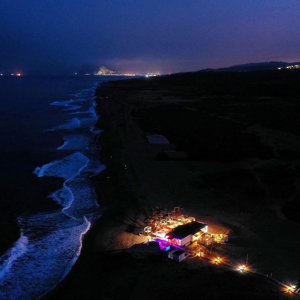 Aerial nighttime view of a beach club in Sotogrande, illuminated with vibrant lights, situated along a dark coastline with waves gently hitting the shore.