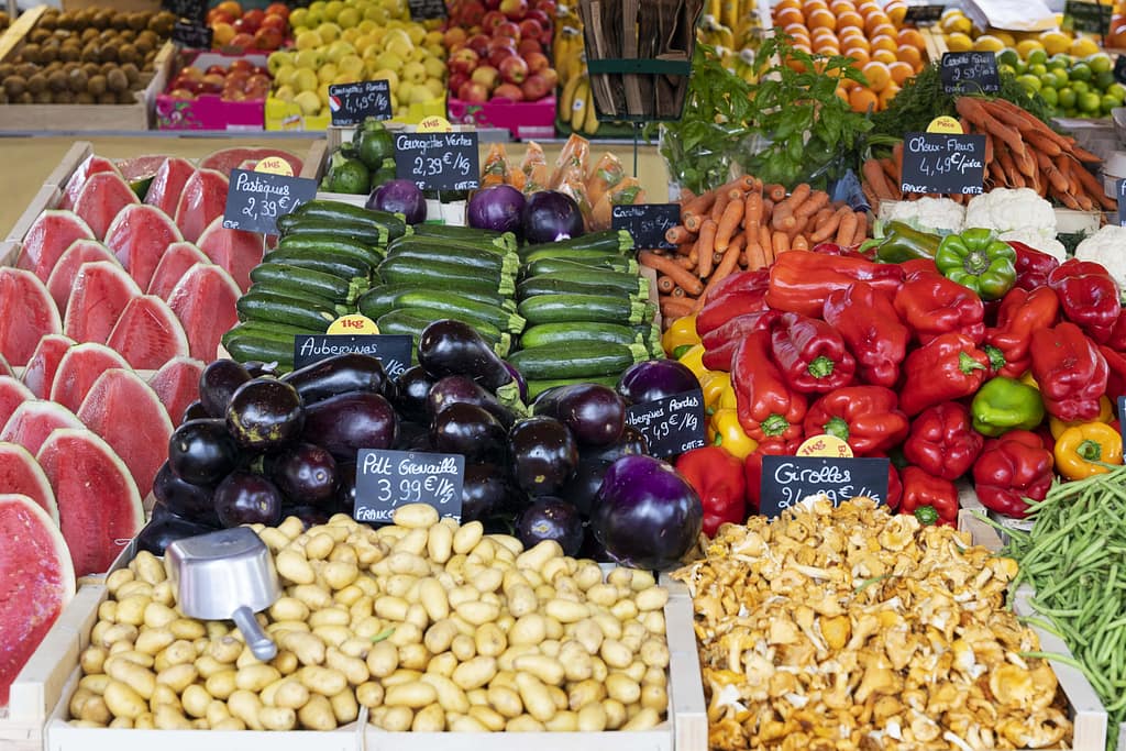 A fruit and vegetable stand at the Sotogrande Market