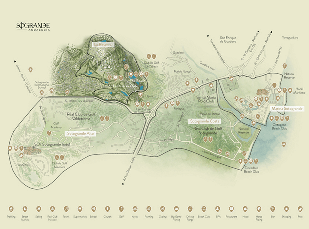 An illustrated map displaying the locations of all Sotogrande real estate owned by the organization, providing a comprehensive overview of their property portfolio and strategic investments.