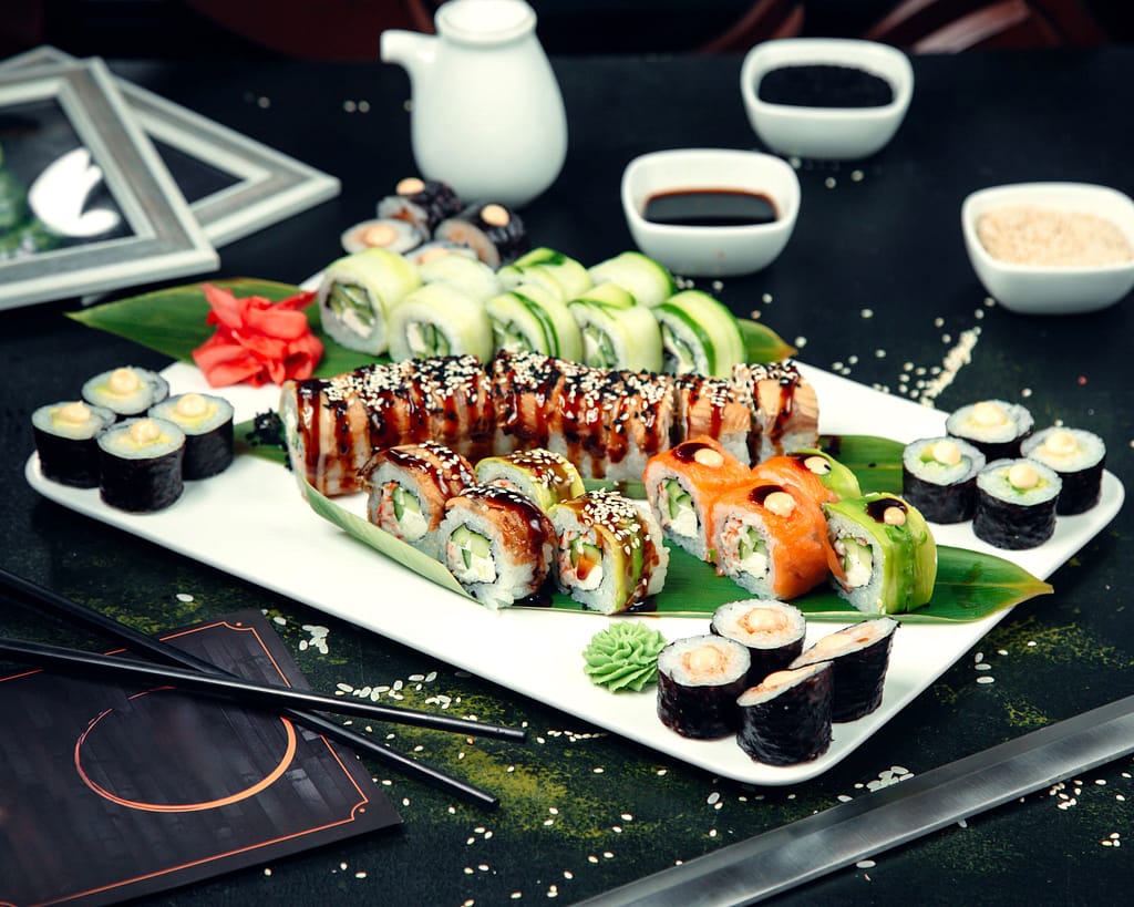 Assorted sushi platter with colorful rolls at a top restaurant in Sotogrande