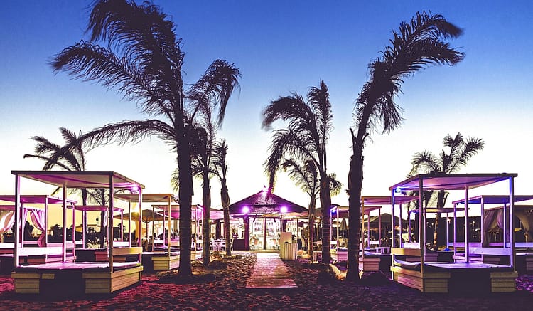 Evening view of a luxurious beach club in Sotogrande with modern cabanas, palm trees, and ambient purple lighting under a clear twilight sky.