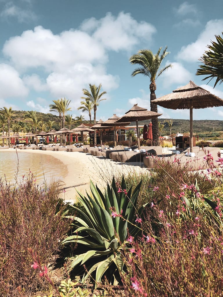 A private beachfront adorned with sunbeds on a sunlit day, capturing the idyllic charm and luxurious amenities offered by Sotogrande real estate.